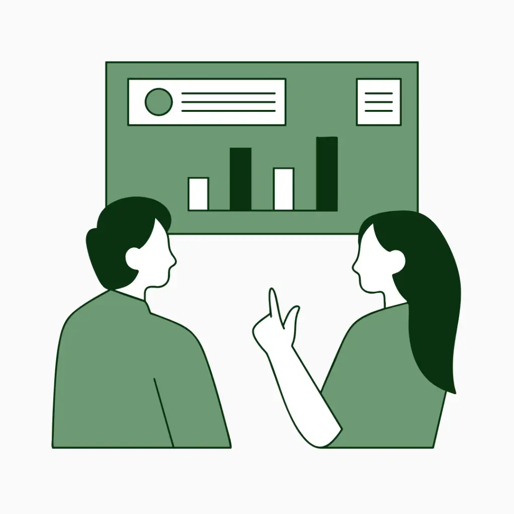Image graphic with grey background of a man and lady looking a sales numbers on a graph