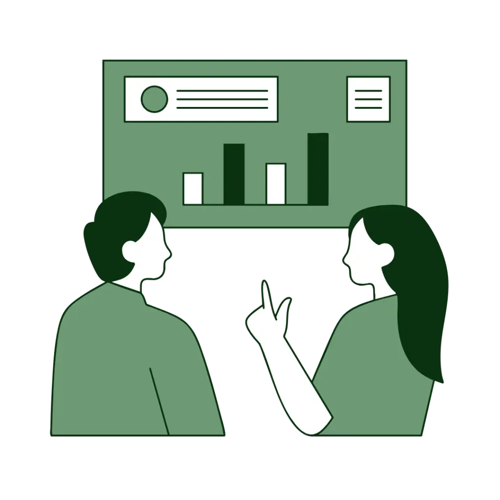 Image graphic of a man and lady looking a sales numbers on a graph