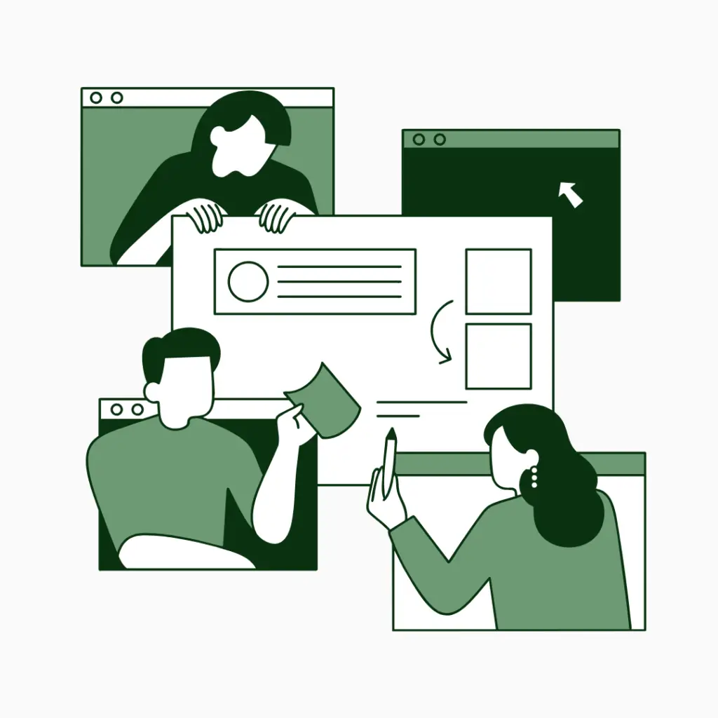 Image graphic with grey background of sales employees collaborating on a project