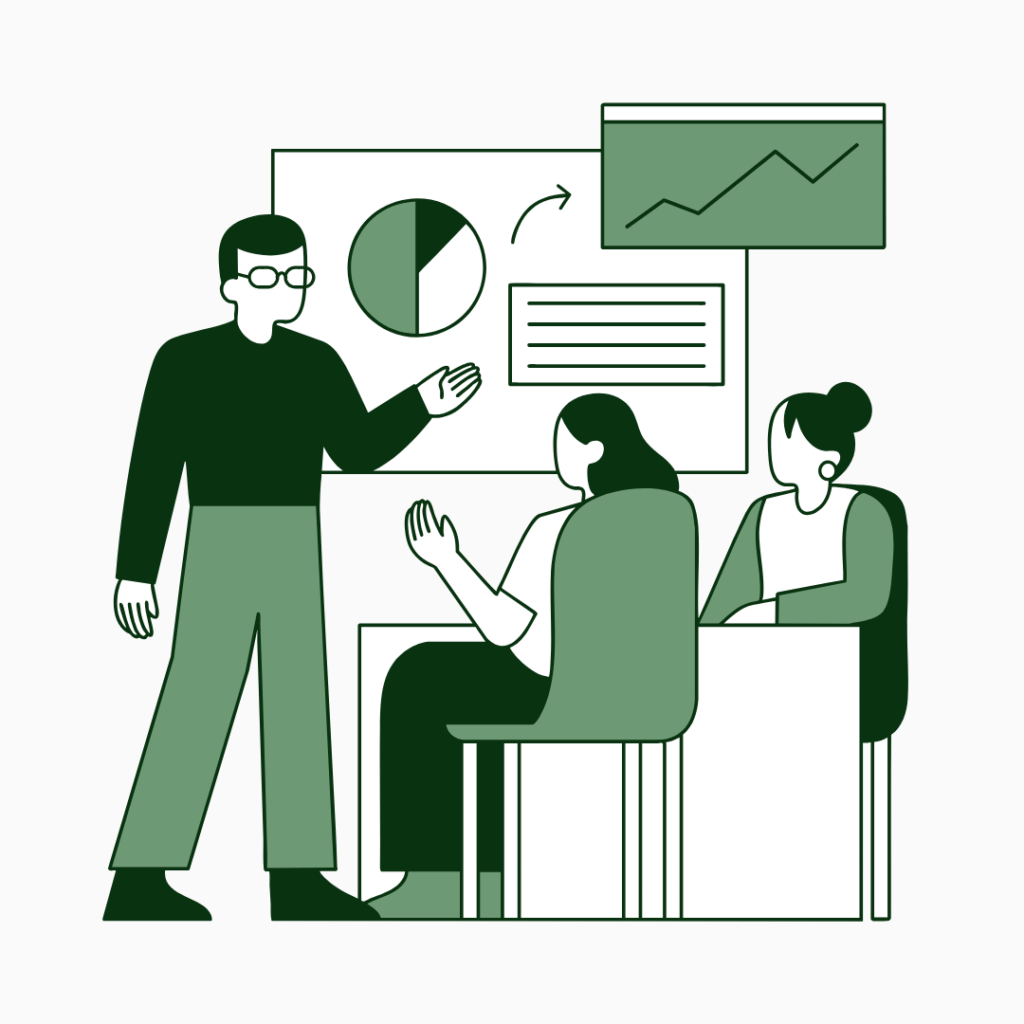 Image graphic with a grey background of a man giving a sales presentation